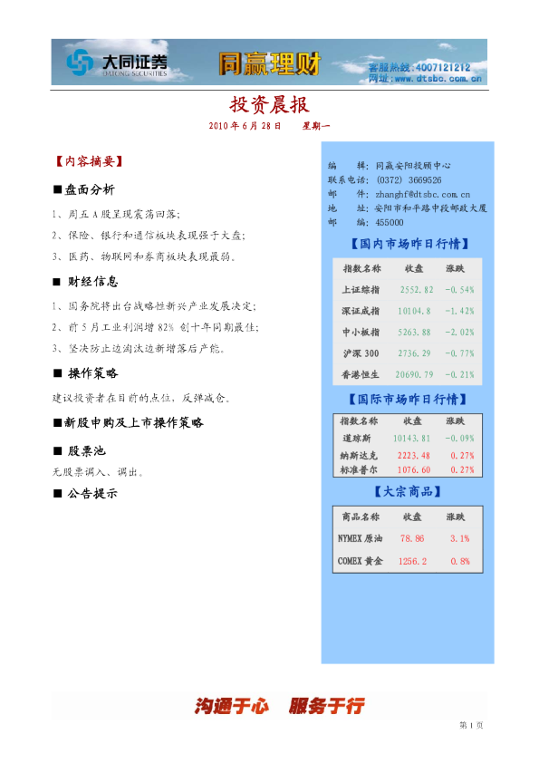 大同证券同赢安阳投资晨报