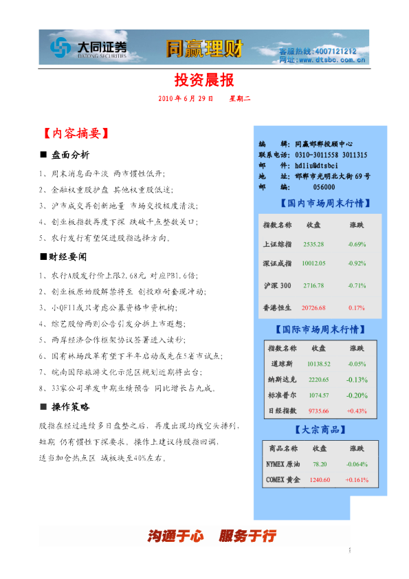 大同证券同赢邯郸投资晨报