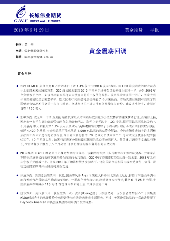 黄金期货早报：黄金震荡回调