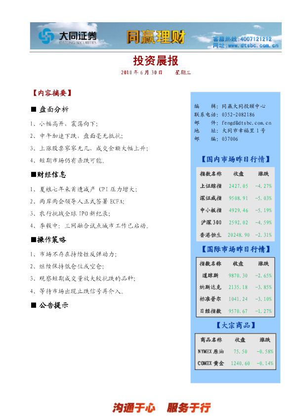 同赢大同投资晨报