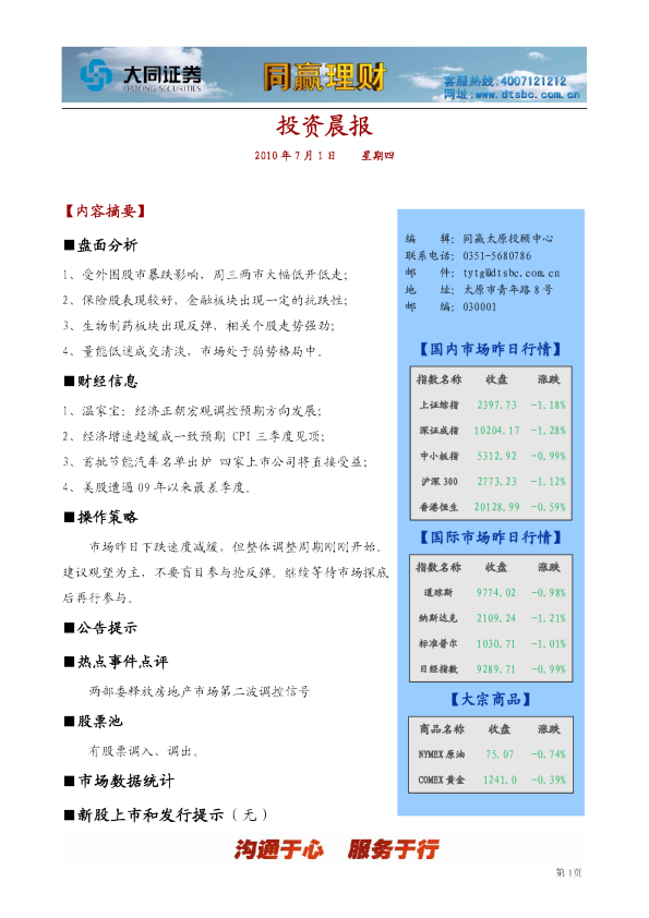 大同证券同赢系列产品之太原投资晨报