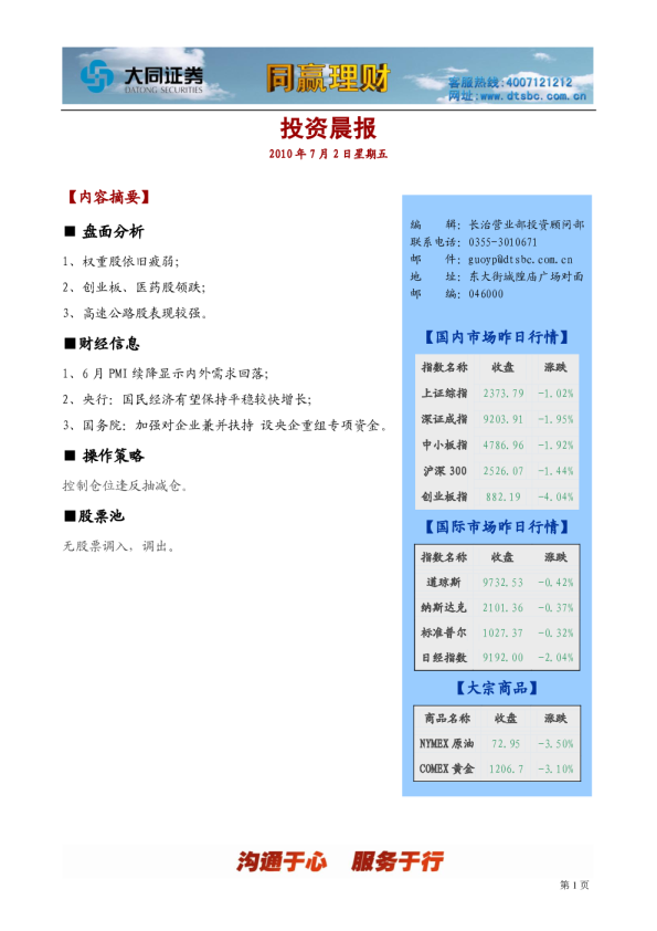 大同证券同赢长治投资晨报