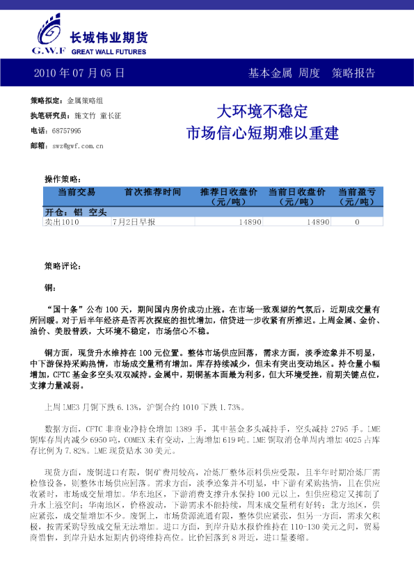 基本金属周度策略报告：大环境不稳定,市场信心短期难以重建