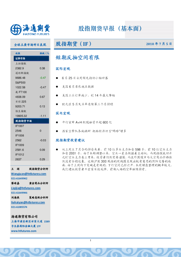 股指期货(基本面)早报
