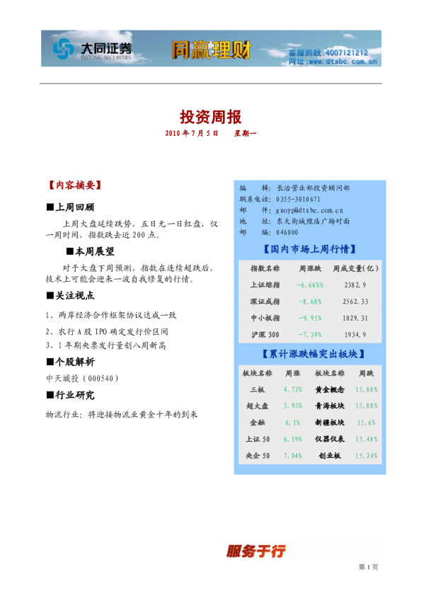 大同证券同赢长治投资周报
