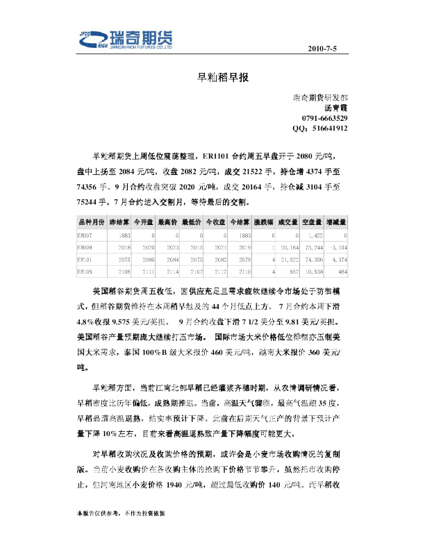瑞奇期货早籼稻早报