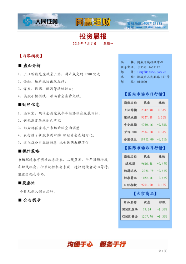 同赢运城投资晨报