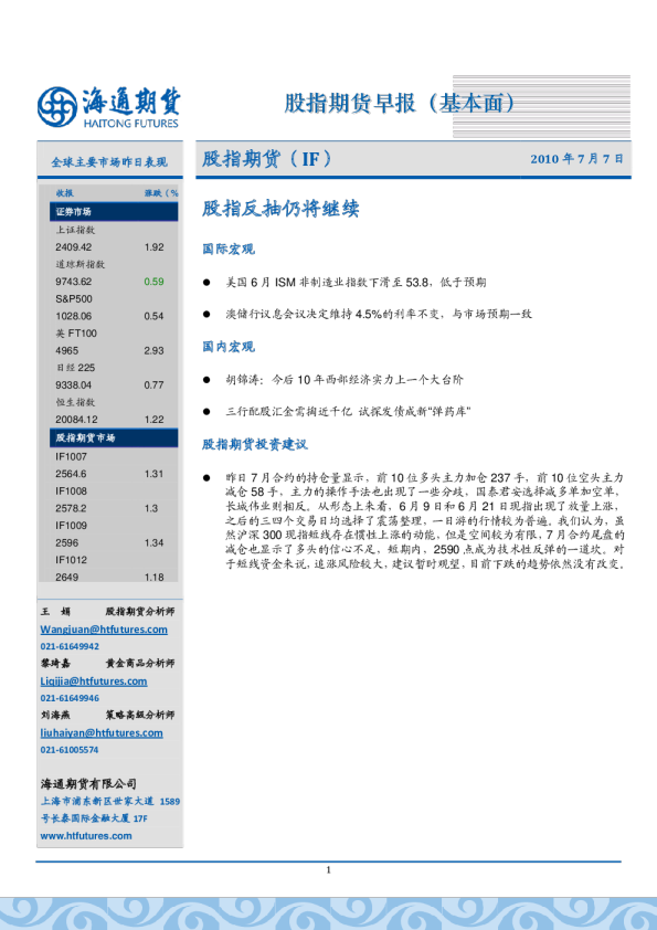 股指期货：股指反抽仍将继续