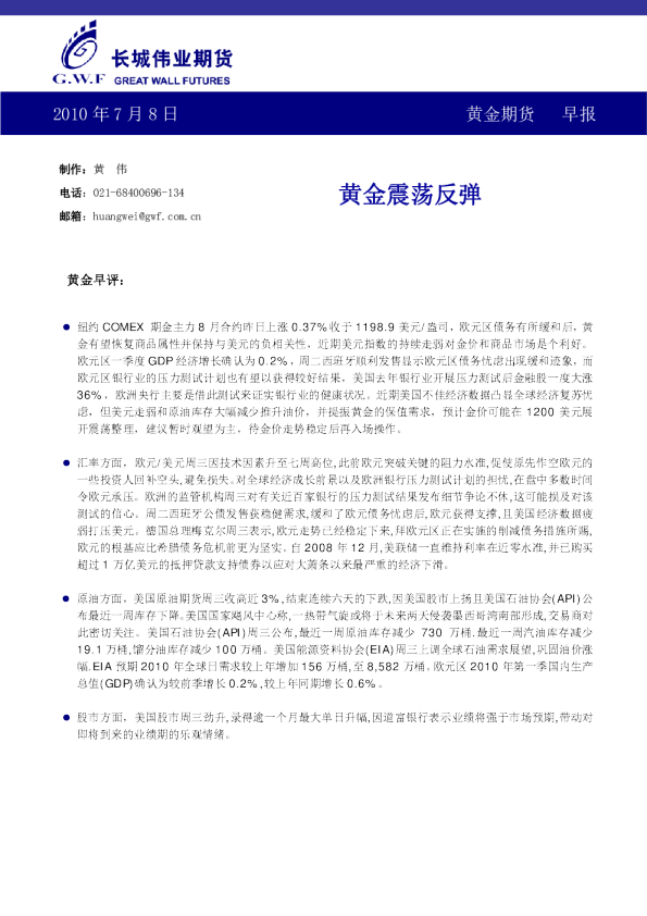 长城伟业期货黄金期货早报