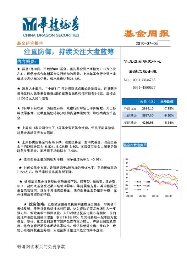 基金研究报告:注重防御,持续关注大盘蓝筹