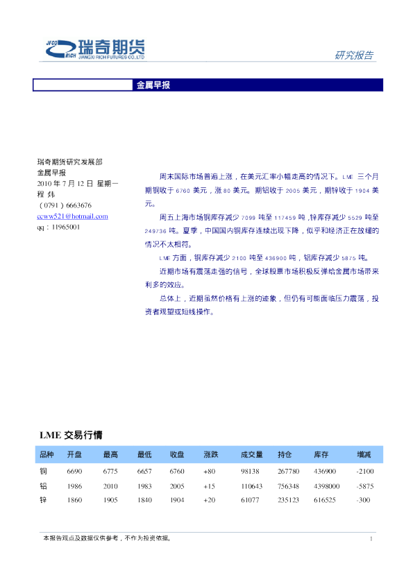 瑞奇期货金属早报