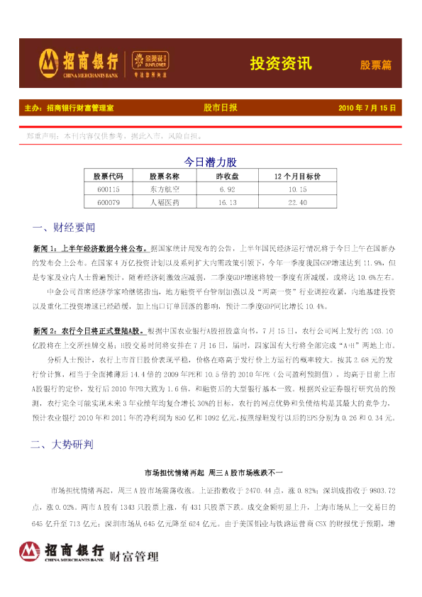 招商银行金葵花投资资讯股票篇
