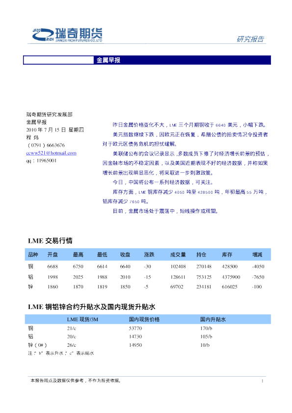 瑞奇期货金属早报