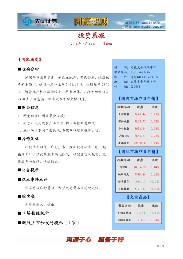 同赢太原投资晨报