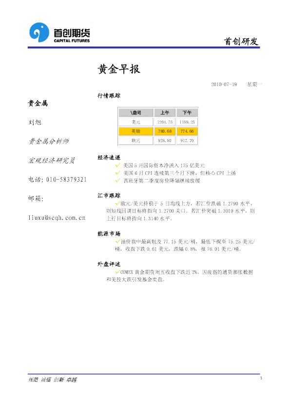 首创期货黄金早报