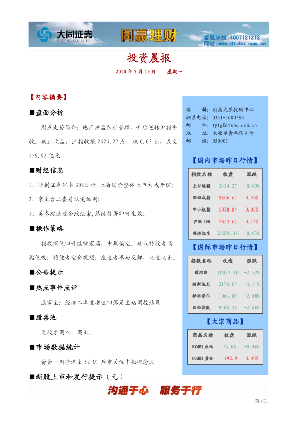 大同证券同赢太原投资晨报