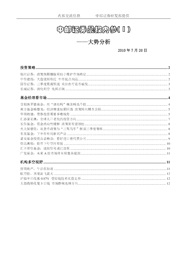 中邮证券晨报内参：大势分析