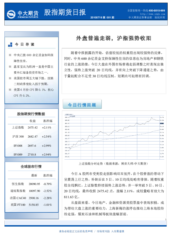股指期货日报：外盘普遍走弱,沪指强势收阳