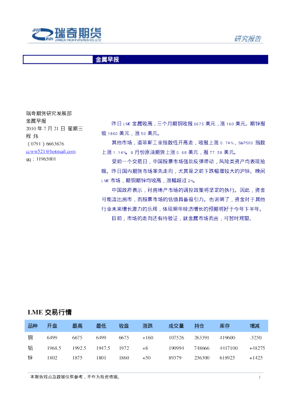 瑞奇期货金属早报