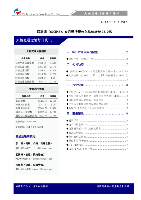 天相交通运输每日资讯