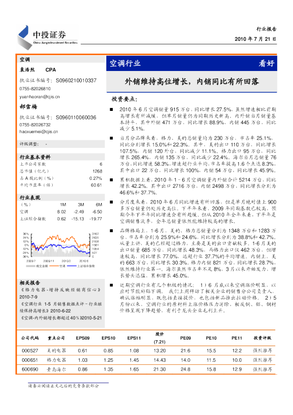 空调行业：外销维持高位增长内销同比有所回落