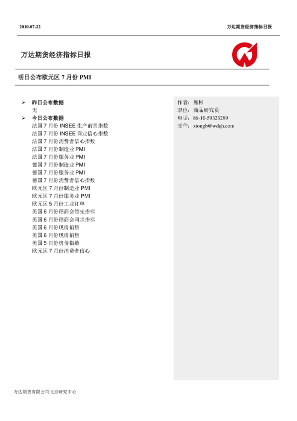 万达期货经济指标日报