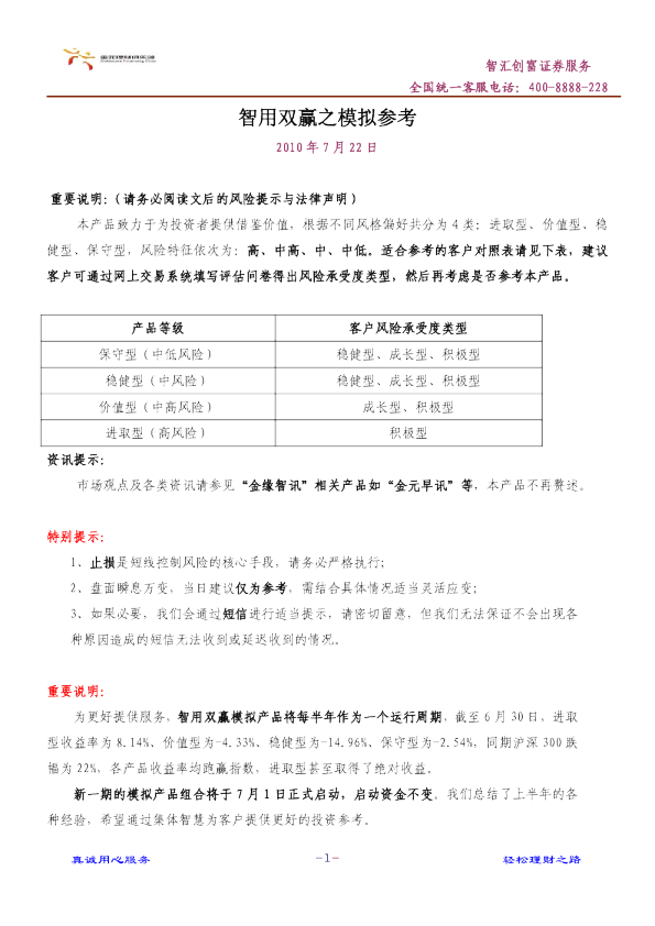 金元证券智用双赢之模拟参考