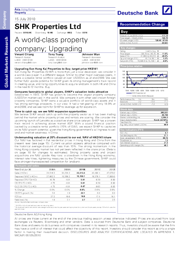 SHK Properties Ltd：A worldclass property company; Upgrading