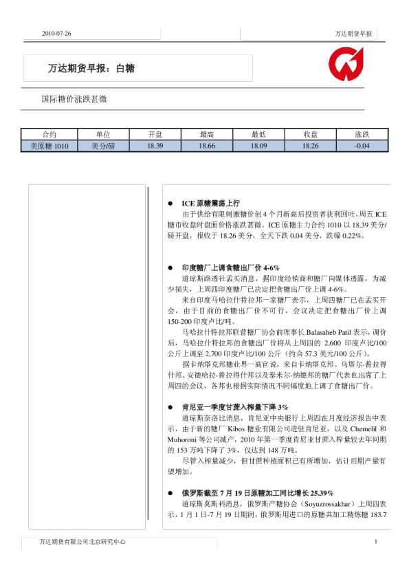 万达期货白糖早报