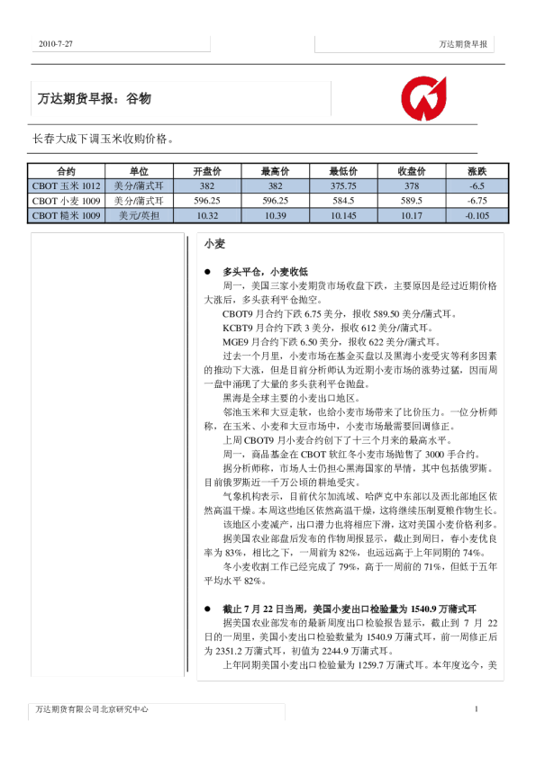 万达期货谷物早报