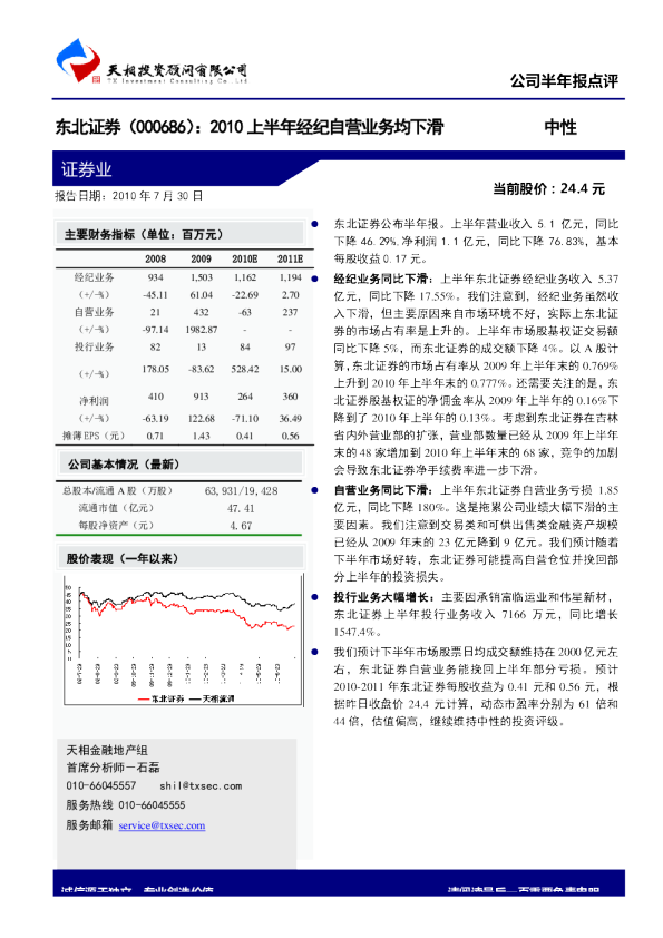 2010上半年经纪自营业务均下滑