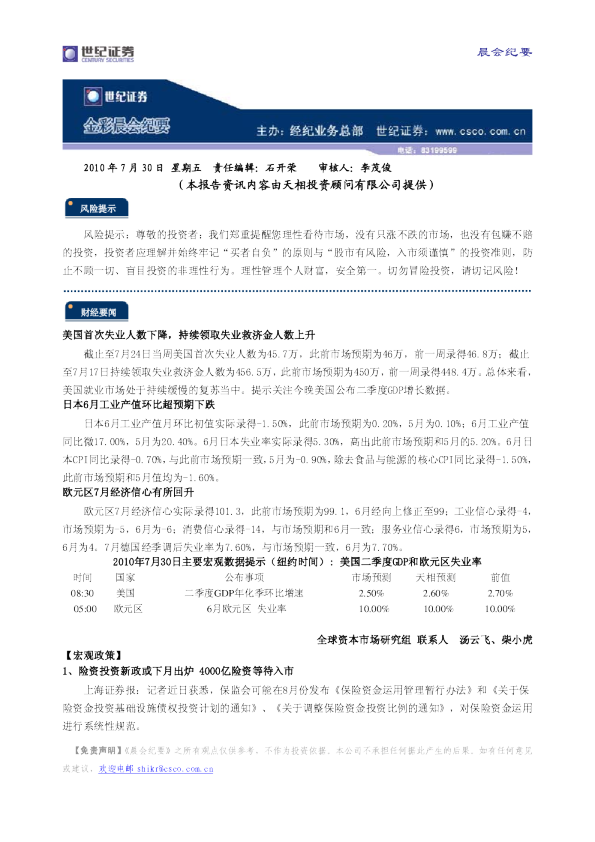 世纪证券金彩晨会纪要