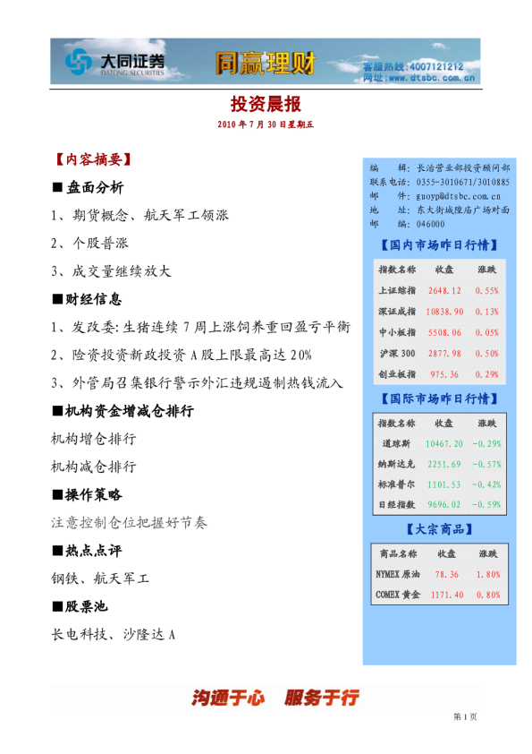 大同证券同赢长治投资晨报