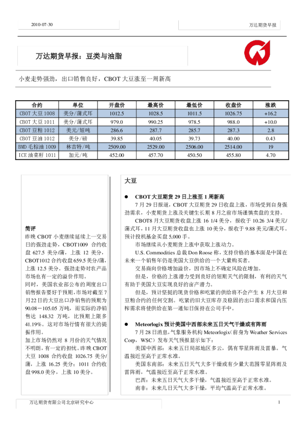 万达期货豆类与油脂早报