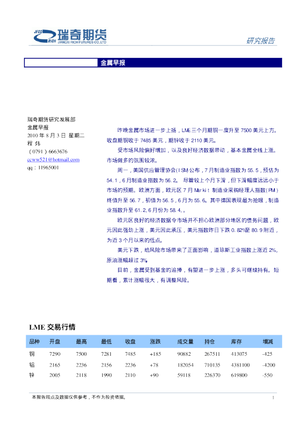 瑞奇期货金属早报