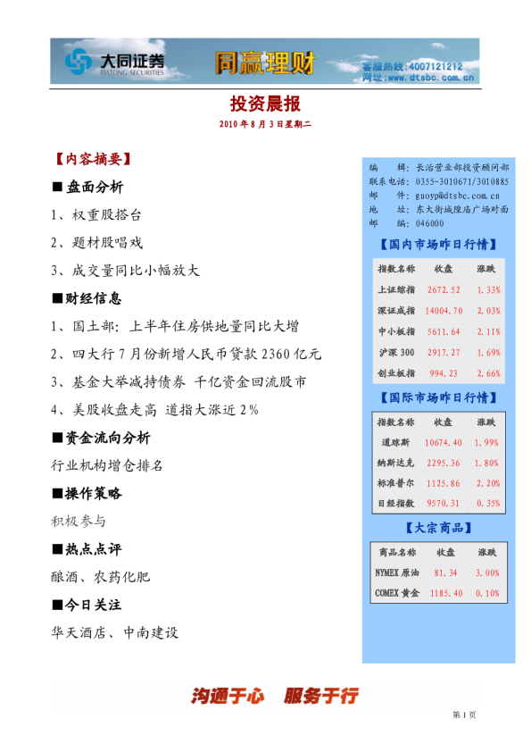 大同证券同赢长治投资晨报