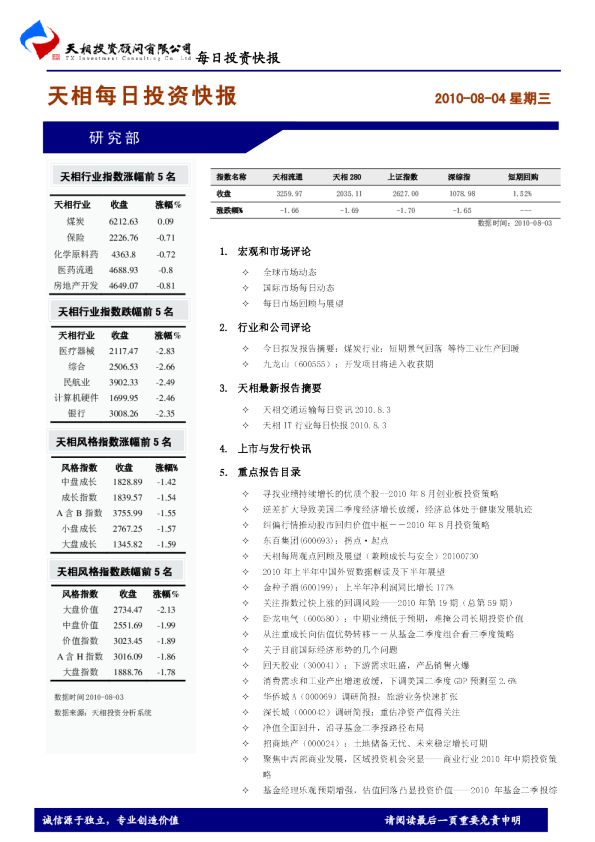 天相每日投资快报