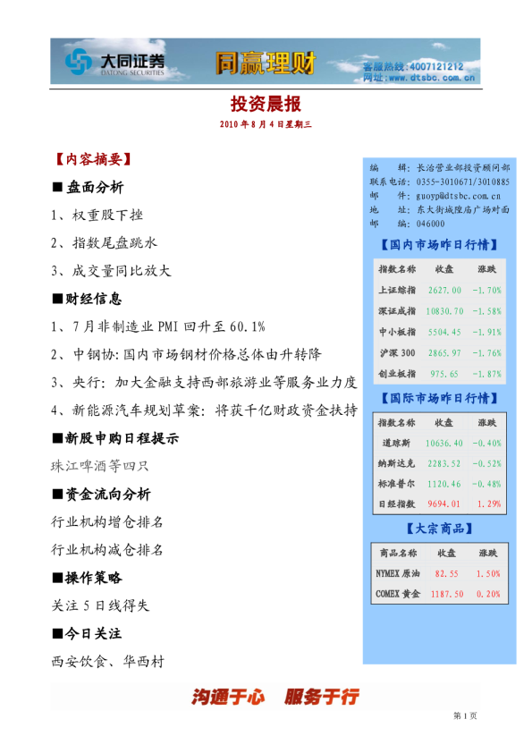 大同证券同赢长治投资晨报