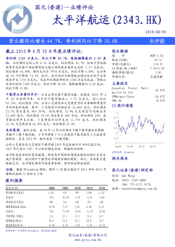 太平洋航运：营业额同比增长44.7%,净利润同比下降30.6%