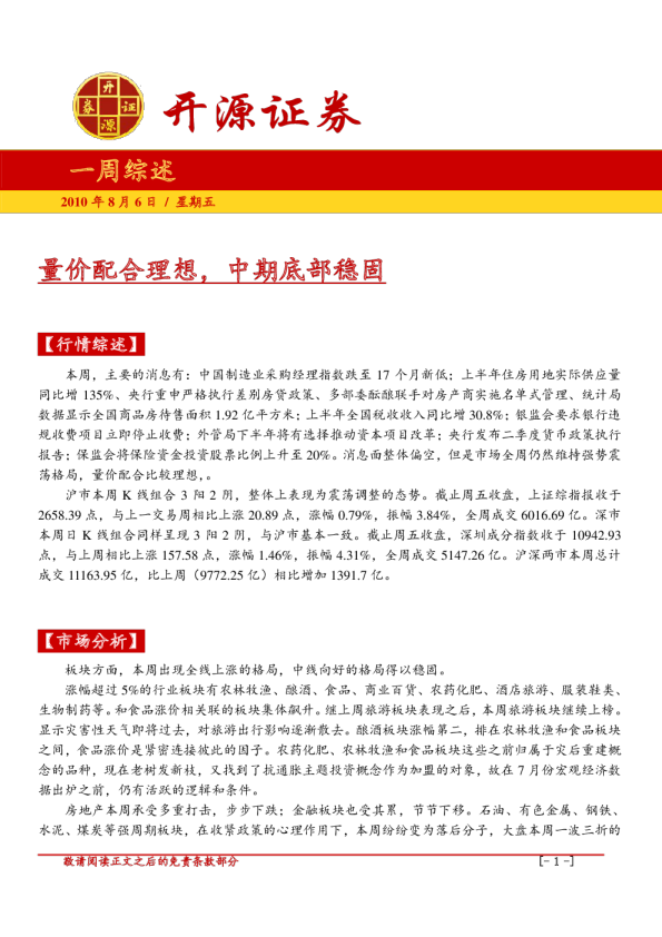 一周综述：量价配合理想,中期底部稳固