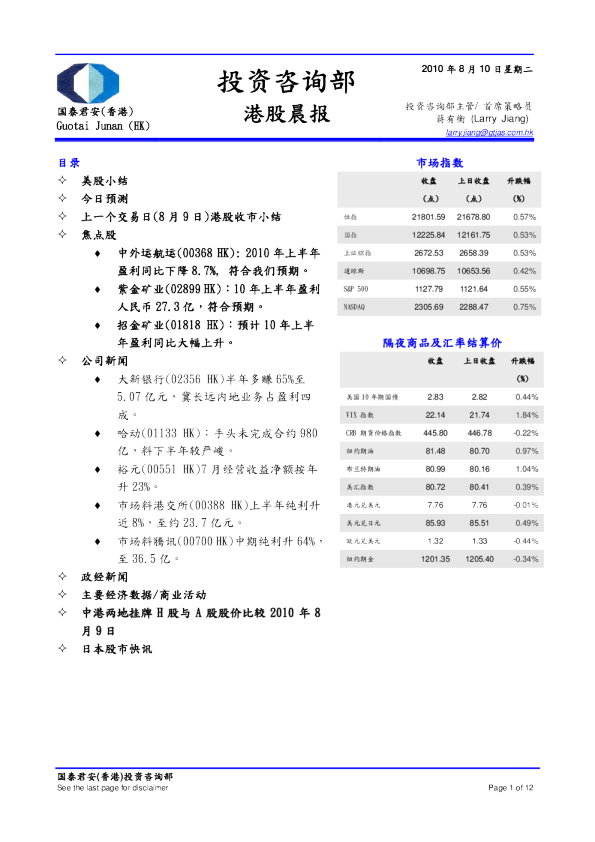 国泰君安(香港)晨报
