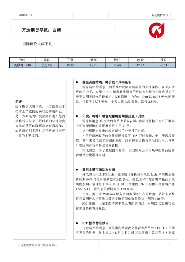 万达期货白糖早报