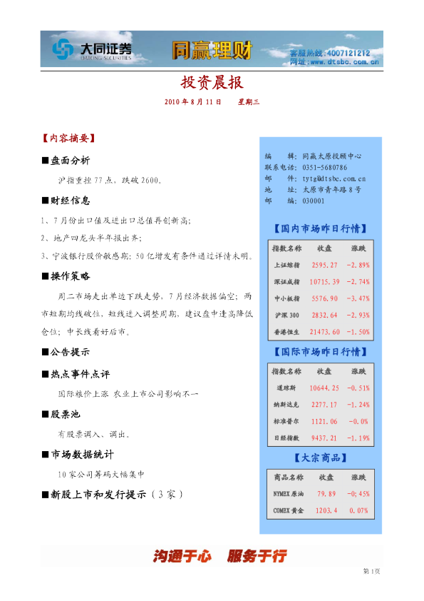大同证券同赢系列产品之太原投资晨报