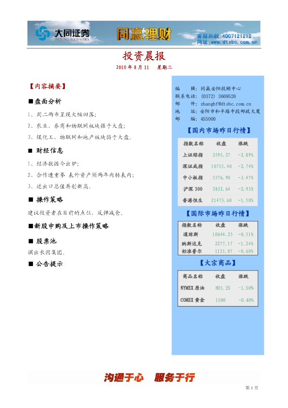 大同证券同赢安阳投资晨报