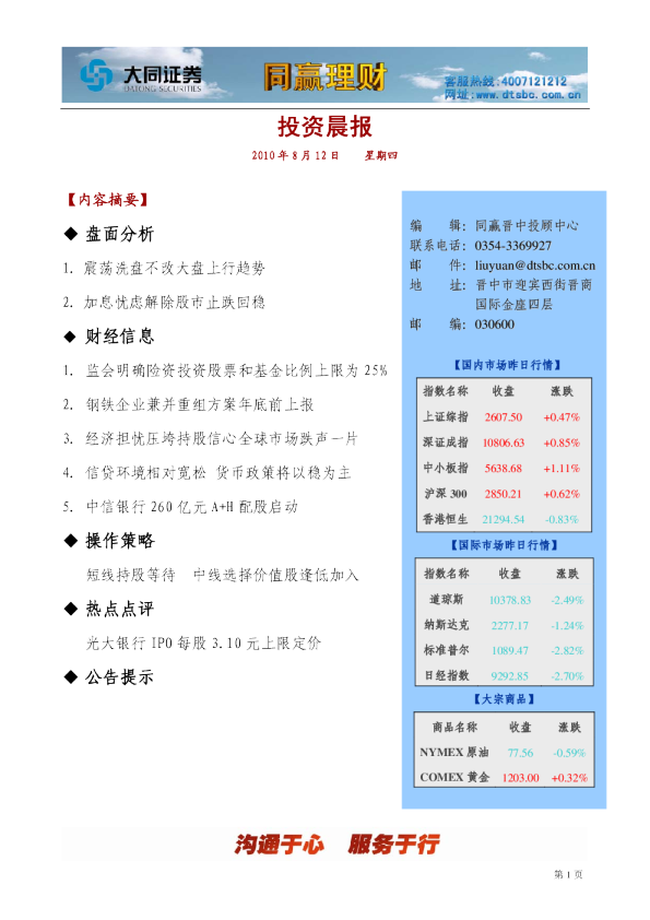 同赢晋中投资晨报