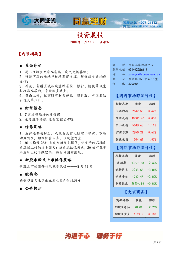 大同证券同赢上海投资晨报