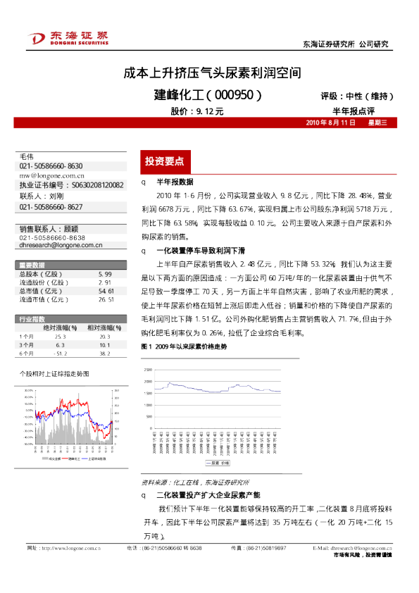 建峰化工：成本上升挤压气头尿素利润空间
