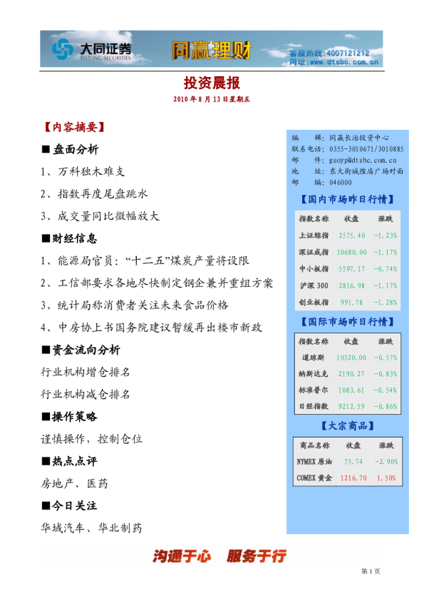 大同证券同赢长治投资晨报
