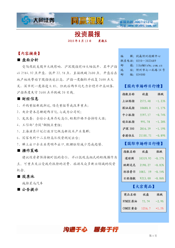 大同证券同赢忻州投资晨报