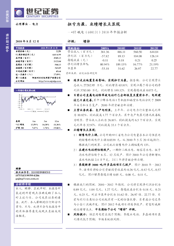 *ST岷电(600131)2010年中报分析：扭亏为盈，业绩增长点显现